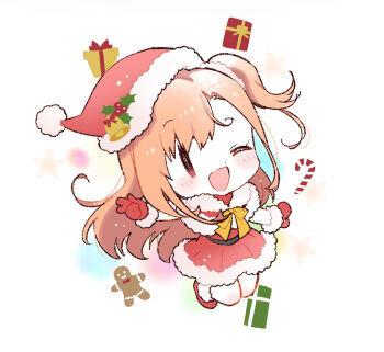 1girl ;d candy candy_cane capelet commentary_request dress food full_body fur-trimmed_capelet fur-trimmed_gloves fur-trimmed_headwear fur_trim gift gingerbread_man gloves hat ikizulive!_love_live!_bluebird jumping kiyose_akame long_hair looking_at_viewer love_live! neck_ribbon official_art one_eye_closed one_side_up open_mouth orange_hair red_capelet red_dress red_gloves red_hat ribbon santa_costume santa_dress santa_hat smile solo takahashi_polka v yellow_ribbon |_|