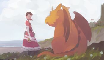 1girl bag brown_hair crown dragon dragon_horns dress feason field flower flower_field frilled_dress frills holding holding_bag holding_crown horns ocean original ponytail red_dress shoulder_bag smile yellow_dragon