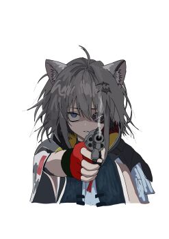 1girl absurdres aiming aiming_at_viewer animal_ear_fluff animal_ears arknights arknights:_endfield black_hair blue_eyes commentary_request cropped_torso eyepatch finger_on_trigger fingerless_gloves fingernails garururugi gloves gun hair_between_eyes hair_ornament handgun highres holding holding_gun holding_weapon looking_at_viewer one_eye_covered parted_lips partial_commentary red_gloves revolver shaded_face short_hair simple_background smoke smoke_trail smoking_barrel solo tangtang_(arknights) weapon white_background