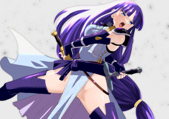 1girl altina_(fire_emblem) armor boots breasts dual_wielding fire_emblem fire_emblem:_radiant_dawn fire_emblem_heroes from_below highres holding large_breasts long_hair nintendo no_panties open_mouth purple_boots solo thigh_boots thighs toku_sonchou very_long_hair white_background