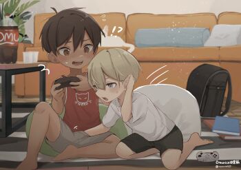!? 2boys absurdres bag bare_legs bare_shoulders barefoot black_hair blonde_hair book bottle cat commentary_request controller couch cup dark-skinned_male dark_skin disposable_cup english_text futon game_controller groping hand_in_pants hand_under_clothes highres holding holding_controller holding_game_controller indoors kodomo_doushi looking_at_viewer male_focus multiple_boys notebook omurice_(roza4957) open_mouth original pillow reaching red_shirt rug school_bag shirt short_hair short_sleeves shota soda_bottle surprised table tank_top teeth yaoi