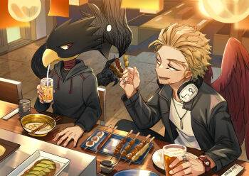 2boys alcohol animal_head artist_name beak beard_stubble beer black_hoodie black_jacket blonde_hair boku_no_hero_academia bowl chair commentary cup dark_shadow drawstring drinking_glass drinking_straw facial_hair food forked_eyebrows hand_on_table hawks_(boku_no_hero_academia) headphones headphones_around_neck holding holding_cup hood hoodie indoors jacket jewelry kadeart looking_at_another male_focus multiple_boys necklace open_clothes open_jacket orange_eyes red_eyes red_wings ring shirt short_hair sitting stubble symbol-only_commentary table watch white_shirt wings wristwatch yakitori