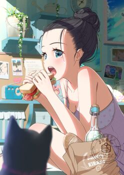 1girl absurdres analog_clock aqua_eyes artist_logo bag baguette bangs_pinned_back black_cat black_hair blurry blurry_foreground box bra bread breasts candy cat chewing_gum cleavage clock collarbone commentary_request day english_text film_grain fingernails flower food glass_bottle gumball hair_bun hands_up highres holding holding_food holding_sandwich imminent_eating indoors light_blush logo looking_at_animal looking_at_viewer mole mole_under_eye nail_polish open_mouth original pancake_(pocket_domori) paper_bag photo_(object) pink_nails pink_tank_top plant potted_plant print_bra radio sandwich shadow shelf slice_of_life sparkle squatting strap_slip sunlight tank_top underwear watering_can watermark white_bra white_flower yellow_flower