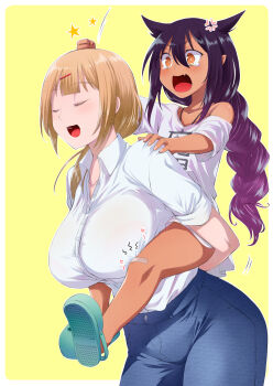 2girls anger_vein bandaid bandaid_on_knee bandaid_on_leg blonde_hair blue_pants braid braided_ponytail carrying clenched_hand commentary_request crocs dark-skinned_female dark_skin denim fang gradient_hair green_footwear hair_flaps hair_ornament hair_over_shoulder hairpin highres jahy jahy-sama_wa_kujikenai! jeans keke_(user_zech7732) long_hair multicolored_hair multiple_girls open_mouth orange_eyes pants piggyback purple_hair sandals shirt skin_fang smile t-shirt tenchou_(jahy) white_shirt