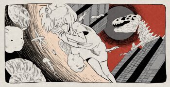 1girl animal_request border building city collared_dress commentary_request dinosaur_skeleton dress dutch_angle fish fish_skeleton flying_fish greyscale_with_colored_background highres looking_to_the_side lying mitsuki_sanagi on_ground on_side red_sky shell short_dress short_hair short_sleeves sky solo squid starfish sun tyrannosaurus_rex vampire_squid vocaloid