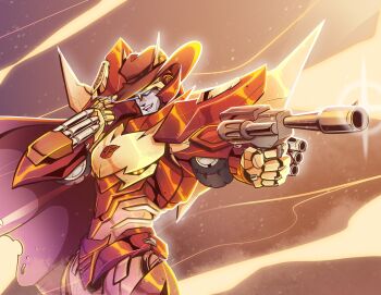 1boy autobot blue_eyes corporealbox cowboy_hat gun handgun hat highres humanoid_robot insignia machine mecha mecha_focus mechanical_wings robot rodimus rodimus_prime science_fiction the_transformers_(idw) transformers weapon wings
