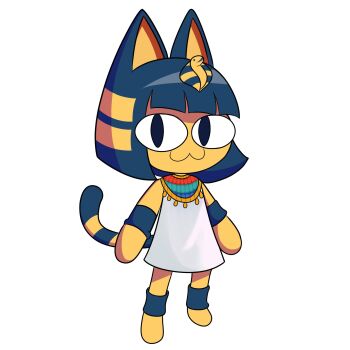 &lt;o&gt;_&lt;o&gt; 1girl :3 ancient_egyptian ancient_egyptian_clothes animal_crossing animal_ears ankha_(animal_crossing) bare_shoulders black_eyes blue_arm_warmers blue_hair blue_leg_warmers blunt_bangs blunt_ends bob_cut body_fur cat_ears cat_girl cat_tail chibi chibi_only colored_skin commentary dress english_commentary furry furry_female fusion hair_ornament highres leg_warmers looking_at_viewer melty_blood neco-arc nintendo short_hair sleeveless sleeveless_dress slit_pupils snake_hair_ornament solo standing striped_tail stubby_(stubbydrawings) tail tail_raised tsukihime uraeus usekh_collar white_dress yellow_fur yellow_skin