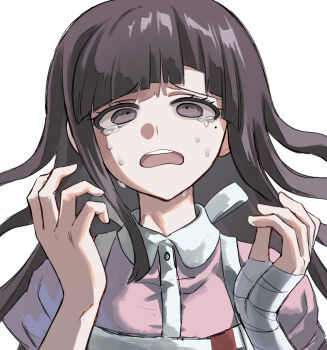 1girl apron bandaged_arm bandages black_eyes black_hair commentary_request danganronpa_(series) danganronpa_2:_goodbye_despair grey_background highres hishaku_(hisyakusama) long_hair looking_at_viewer mole mole_under_eye open_mouth simple_background solo tearing_up tears teeth tsumiki_mikan upper_teeth_only white_apron