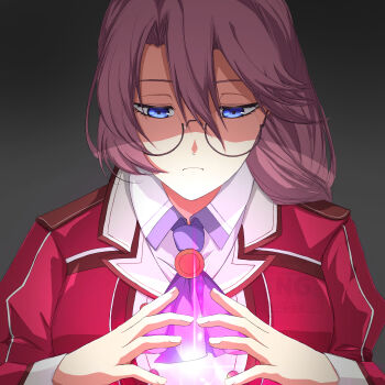 Rule 34 | 1girl, absurdres, ascot, black background, blue ascot, blue eyes, commentary request, curtained hair, double-parted bangs, eiyuu densetsu, emma millstein, glasses, gradient background, hair between eyes, highres, jacket, konohanaillust, long hair, long sleeves, partially shaded face, pink hair, school uniform, sen no kiseki (series), sen no kiseki i, solo, thors military academy class vii uniform