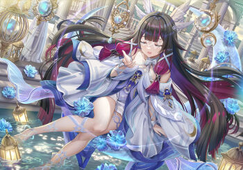 1girl bare_shoulders black_hair closed_eyes columbina_(genshin_impact) dress eye_mask facing_viewer floating_hair genshin_impact hand_up highres long_hair long_sleeves mask multicolored_hair offering_hand open_mouth smile solo torino_aqua two-tone_hair very_long_hair white_dress white_mask white_wings wings