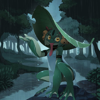 1girl armlet bell between_legs bow breasts colored_skin female_focus fog forest frog_girl full_body furry furry_female green_hair green_skin hair_bell hair_bow hair_ornament hand_between_legs hand_up highres horizontal_pupils jewelry jingle_bell kamukamu6392 leaf leaf_hat leaf_on_head long_tongue looking_at_viewer monster_girl nature no_nipples original pelvic_curtain plant rain short_eyebrows short_hair small_breasts smile solo squatting tongue tongue_out tree water water_drop webbed_feet webbed_hands wet wetland yellow_eyes