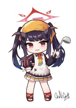 1girl :d absurdres apron black_hair black_jacket blue_archive chibi commentary_request frilled_apron frills full_body fuuka_(blue_archive) halo hand_on_own_hip headscarf highres holding horns jacket ladle long_sleeves looking_at_viewer open_mouth pleated_skirt puffy_long_sleeves puffy_sleeves red_eyes red_shoes shoes shuni_valentine signature simple_background skirt sleeves_past_wrists smile solo standing twintails white_apron white_background white_skirt