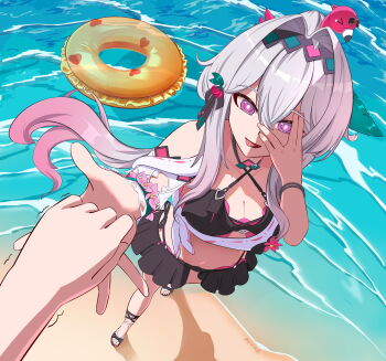 1girl absurdres bare_shoulders bikini black_bikini breasts cleavage flip-flops hair_intakes hair_ornament highres holding honkai_(series) honkai_impact_3rd large_breasts long_hair looking_at_viewer medium_breasts multicolored_hair navel official_alternate_costume ponytail purple_eyes qianjiaqiuhao sandals solo stomach swimsuit thelema_nutriscu thelema_nutriscu_(roseate_summer) thigh_strap thighs very_long_hair white_hair