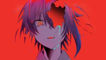 1boy aqua_streaks asymmetrical_sidelocks close-up commentary cracked_skin crossed_bangs earphone_624517 earrings glowing_pupils hair_between_eyes highres hole_in_head jewelry kamishiro_rui looking_at_viewer male_focus marshmallow_(vocaloid) multicolored_hair one-eyed parted_lips portrait project_sekai purple_hair red_background red_pupils short_hair sidelocks simple_background slit_pupils solo streaked_hair tears teeth upper_teeth_only yellow_eyes