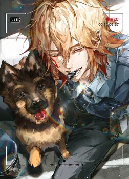 1boy absurdres alternate_costume black_pants black_vest blonde_hair braid collared_shirt commentary facial_tattoo gradient_hair grey_shirt highres honkai:_star_rail honkai_(series) male_focus medium_hair mouth_hold multicolored_hair mydei_(honkai:_star_rail) pants police police_uniform red_hair red_tattoo rih0_amo shirt side_braid solo symbol-only_commentary tattoo vest viewfinder whistle whistle_around_neck yellow_eyes