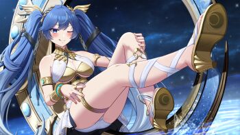 1girl :q absurdres ahoge ancient_greek_clothes armlet bare_shoulders blue_eyes blush breasts chinese_commentary cleavage closed_mouth commentary_request full_body gladiator_sandals gold_bra gradient_hair greco-roman_clothes highres iuno_(wuthering_waves) jewelry large_breasts laurel_crown lemon_kele long_hair looking_at_viewer multicolored_hair one_eye_closed outstretched_leg partial_commentary sandals smile solo thighlet thighs tongue tongue_out twintails vambraces very_long_hair wuthering_waves