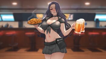 1girl absurdres alcohol beer beer_mug black_choker black_hair black_shirt black_skirt blurry blurry_background breasts chicken_(food) chicken_wing choker collarbone collared_shirt cup food front-tie_top highres holding holding_cup holding_plate linea_alba long_hair looking_at_viewer mole mole_on_breast mole_under_eye mug multiple_moles myth1carts navel nijisanji nijisanji_en plate pleated_skirt red_eyes scarle_yonaguni shirt skirt solo virtual_youtuber waitress