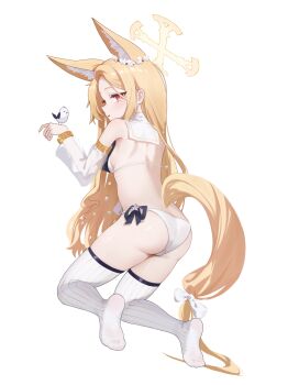1girl absurdres animal_ear_fluff animal_ears ass bare_shoulders bikini bird bird_on_hand black_ribbon blonde_hair blue_archive blush bow breasts detached_sleeves extra_ears full_body halo highres kneeling loli long_hair long_sleeves parted_lips red_eyes ribbon see-through_clothes see-through_sleeves seia_(blue_archive) side-tie_bikini_bottom sideboob simple_background small_breasts smile solo star_(symbol) striped_clothes striped_thighhighs swimsuit tail tail_bow tail_ornament thighhighs vertical-striped_clothes vertical-striped_thighhighs very_long_hair white_background white_bikini white_bow white_thighhighs xiaoxiaoyifan