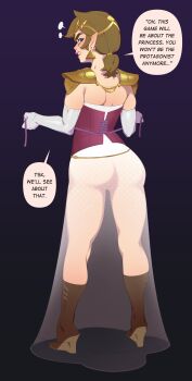 Rule 34 | 1boy, absurdres, armor, ass, belly chain, black background, blue eyes, blue eyeshadow, boots, brown boots, brown hair, clenched teeth, combos &amp; doodles, corset, cosplay, crossdressing, crossdressing (mtf), dress, earrings, elbow gloves, eyeshadow, full body, gloves, gradient background, high heel boots, high heels, highres, jewelry, link, long dress, looking at viewer, looking back, makeup, nintendo, no panties, pauldrons, pointy ears, princess zelda, princess zelda (cosplay), purple corset, see-through clothes, see-through dress, shoulder armor, solo, teeth, the legend of zelda, the legend of zelda: echoes of wisdom, triangle earrings, wedge heels, white dress, white gloves