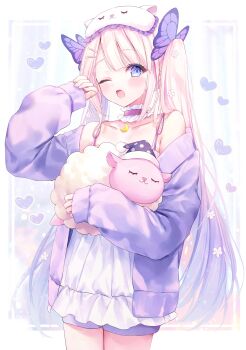 Rule 34 | 1girl, absurdres, blue eyes, butterfly hair ornament, chemise, collar, collarbone, commentary, commission, cowboy shot, creature, crescent ornament, flower, frilled chemise, frilled collar, frills, hair flower, hair ornament, hairclip, hat, heart, highres, holding, holding creature, iriam, jacket, long hair, long sleeves, nightcap, nonomiya (817nono), one eye closed, open mouth, parallel hairclips, pink hair, purple jacket, purple shorts, shorts, skeb commission, sleep mask, sleeves past wrists, spice (vtuber), twintails, untranslatable commentary, very long hair, virtual youtuber, white chemise, yohane shiroru