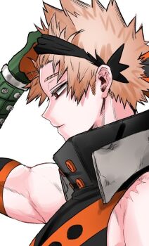 1boy arm_up bakugou_katsuki bare_shoulders bk_baku3 black_mask blonde_hair boku_no_hero_academia commentary_request eye_mask from_side korean_commentary looking_down male_focus mask mask_lift parted_lips profile red_eyes scar scar_on_shoulder short_hair simple_background solo spiked_hair superhero_costume upper_body white_background