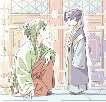 1boy 1girl absurdres aged_down beads black_shoes blue_ribbon blue_robe blunt_bangs bun_cover child chinese_commentary dangomochi2 falling_leaves flats freckles full_body green_hair green_shirt hair_beads hair_bun hair_ornament hair_ribbon half_updo highres jinshi_(kusuriya_no_hitorigoto) kusuriya_no_hitorigoto leaf looking_at_another maomao_(kusuriya_no_hitorigoto) on_one_knee parted_bangs parted_lips purple_hair red_skirt ribbon robe shirt shoes sidelocks skirt standing