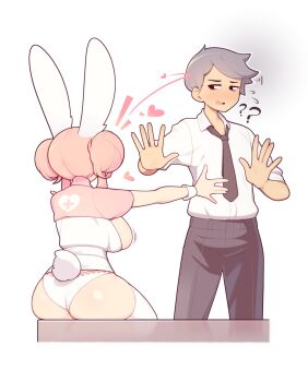1boy 1girl ? animal_ears ass bare_arms black_necktie black_pants blush breasts commentary double_bun english_commentary fiz_(fizintine) fizintine grey_hair hair_bun heart highres large_breasts looking_at_another necktie original outstretched_arms panties pants pink_hair rabbit_ears rabbit_girl rabbit_tail shirt short_sleeves simple_background sitting symbol_ricochet tail thighhighs underwear white_background white_panties white_shirt white_thighhighs wrist_cuffs