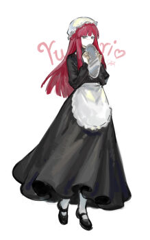 Rule 34 | 1girl, apron, black shoes, character name, hat, highres, holding, holding tray, limbus company, looking at viewer, maid, mob cap, nishikujic, pantyhose, project moon, shoes, simple background, solo, tray, waist apron, white apron, white background, white hat, white pantyhose, yuri (project moon)