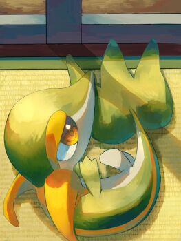 brown_eyes full_body gen_5_pokemon highres indoors lying nintendo no_humans on_side p9kfxaofqi54546 pokemon pokemon_(creature) pokemon_focus snivy solo tail