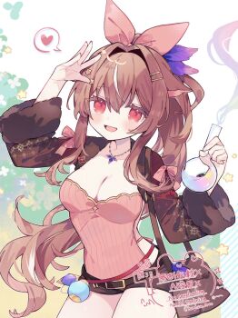 1girl :d arm_up bag blush breasts brown_hair brown_shorts brown_shrug cleavage commentary commission cowboy_shot flask hair_between_eyes hair_intakes hair_ribbon hand_up hashtag-only_commentary heart highres hisuiyasai holding holding_flask large_breasts long_hair long_sleeves looking_at_viewer open_mouth original pink_shirt ponytail red_eyes red_ribbon ribbon shirt short_shorts shorts shrug_(clothing) skeb_commission smile solo spoken_heart watermark
