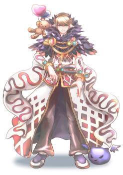 1boy animal_ears argyle_cape argyle_clothes argyle_shirt belt black_horns blue_eyes brown_hair brown_pants cape cat_boy cat_ears commentary_request detached_sleeves deviling full_body fur_collar grey_belt grin horns looking_at_viewer male_focus pants philippa purple_shoes ragnarok_online shirt shoes short_hair simple_background smile solo sorcerer_(ragnarok_online) standing stuffed_animal stuffed_toy teddy_bear waist_cape white_background white_cape white_shirt white_sleeves