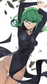 1girl 767_(pixiv973307689) absurdres arms_up black_dress breasts closed_mouth clothes_lift collarbone commentary covered_navel curly_hair curvy dress flipped_hair floating_rock green_eyes green_hair hair_between_eyes highres long_sidelocks long_sleeves looking_at_viewer medium_breasts medium_hair no_panties one-punch_man pear-shaped_figure pelvic_curtain pelvic_curtain_lift petite pink_lips shiny_skin side_slit sidelocks simple_background solo tatsumaki telekinesis thighs tight_clothes tight_dress white_background wide_hips wind