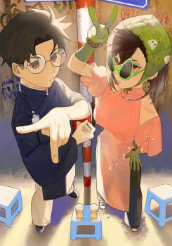Rule 34 | 1boy, 1girl, absurdres, alien, ayase momo, black hair, brown hair, chinese clothes, dandadan, earrings, glasses, gloves, graffiti, green gloves, hachi (chisano hako), highres, jewelry, looking at viewer, pendant earring, pole, red eyes, round eyewear, takakura ken (dandadan)