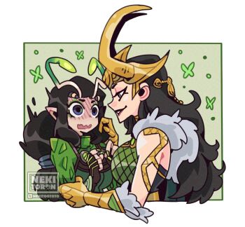 2girls alien antennae armor artist_name black_hair blush breasts cape commentary english_commentary fake_horns flustered fur-trimmed_cape fur_trim genderswap genderswap_(mtf) gloves gold_gauntlets gold_gloves gold_headwear gold_helmet gold_tiara green_armor green_cape guardians_of_the_galaxy highres horned_headwear horned_tiara horns lady_loki large_breasts loki_(marvel) long_hair looking_at_another looking_at_viewer mantis_(marvel) marvel marvel_rivals multiple_girls nekitoron open_mouth pointy_ears seductive_smile smile tiara yuri