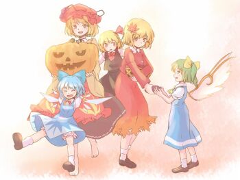 5girls :d aki_minoriko aki_shizuha apron arms_up ascot barefoot black_shoes black_skirt black_vest blonde_hair bloomers blue_bow blue_dress blue_hair blush bow brown_shoes cirno closed_eyes collared_shirt commentary_request daiyousei detached_wings dress fairy fairy_wings food grape_hat_ornament green_eyes green_hair hair_bow hair_ornament hair_ribbon hat holding holding_potato holding_pumpkin jack-o'-lantern knees leaf_hair_ornament long_sleeves medium_hair mob_cap multiple_girls open_mouth orange_background profile puffy_short_sleeves puffy_sleeves pumpkin rangycrow red_apron red_ascot red_eyes red_hat red_ribbon red_shirt red_skirt ribbon rumia shirt shoes short_hair short_sleeves side_ponytail skirt smile sweet_potato touhou underwear vest white_bloomers white_shirt wings yellow_ascot yellow_bow yellow_shirt