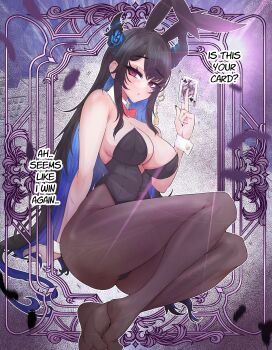 Rule 34 | 1girl, absurdres, alternate costume, animal ears, bare shoulders, black feathers, black hair, black leotard, black pantyhose, blue hair, blurry, blurry foreground, breasts, card, cleavage, demon horns, fake animal ears, feathers, full body, highres, holding, holding card, hololive, hololive english, horns, large breasts, leotard, long hair, mayoa, mole, mole under eye, multicolored hair, nerissa ravencroft, no shoes, pantyhose, playboy bunny, playing card, purple eyes, queen (playing card), queen of spades (playing card), rabbit ears, solo, strapless, strapless leotard, two-tone hair, very long hair, virtual youtuber