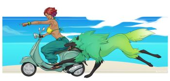 1girl 1other bikini bikini_top_only blending blue_eyes border breasts brown_lips casual commentary dark-skinned_female dark_skin english_commentary enydimon from_side full_body giovanna_(guilty_gear) green_fur green_nails green_pants guilty_gear guilty_gear_strive highres horizon large_breasts motor_vehicle nail_polish ocean on_scooter pants pointing pointing_forward red_hair rei_(guilty_gear) riding_scooter running sandals scooter short_hair solo_focus spaghetti_strap swimsuit toenail_polish toenails track_pants vespa white_border wolf yellow_bikini