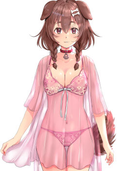 Rule 34 | 1girl, :3, animal collar, animal ears, bone hair ornament, bow, braid, breasts, brown eyes, brown hair, brown tail, cartoon bone, cleavage, collar, commentary request, dog ears, dog girl, dog tail, hair ornament, hairclip, highres, hololive, inugami korone, kntrs (knyrs), lingerie, long hair, looking at viewer, low twin braids, medium breasts, nail polish, navel, negligee, nightgown, panties, parted lips, pink panties, red collar, red nails, revision, see-through clothes, shiny skin, side braids, simple background, solo, tail, twin braids, underwear, virtual youtuber, white background
