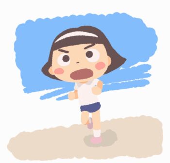 1girl animated animated_gif blue_buruma blush blush_stickers brown_eyes brown_hair buruma gym_uniform hairband open_mouth original pink_shoes running shirt shoes short_hair short_sleeves sky socks white_shirt white_socks yamanokonza