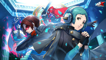 1boy 1girl absurdres aqua_hair artist_request black_capelet black_gloves brown_eyes capelet copyright_name dagger fingerless_gloves gloves headphones highres holding holding_dagger holding_knife holding_sword holding_weapon kamishiro_nagisa knife official_art own_hands_together persona persona_3 persona_3_reload persona_5 persona_5:_the_phantom_x red_hair short_hair sword third-party_source weapon wonder_(p5x) yamagishi_fuuka