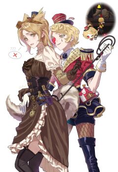 2girls absurdres animal_ears artist_request belt biting_own_lip black_bow black_bowtie black_shorts black_thighhighs blonde_hair blue_bow blue_bowtie boots bow bowtie brown_dress brown_eyes brown_gloves chibi collared_shirt commission corset dress epaulettes eyepatch fishnet_pantyhose fishnets flower frilled_dress frills game_screenshot_inset gloves goggles goggles_on_head green_eyes hat highres holding holding_whip identity_v jacket long_sleeves looking_at_viewer margaretha_zelle margaretha_zelle_(animal_tamer) mini_hat mole mole_under_eye multiple_girls pantyhose parted_lips puffy_short_sleeves puffy_sleeves red_jacket reference_inset second-party_source shirt short_hair short_sleeves shorts simple_background skunk_girl skunk_tail smile speech_bubble standing sweatdrop tail thigh_boots thighhighs top_hat vera_nair vera_nair_(distiller) weapon white_background white_gloves white_shirt yellow_eyes yuri