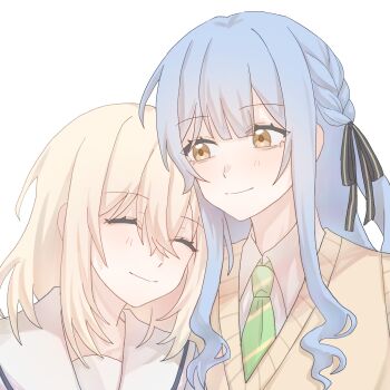 2girls artist_request bang_dream! bang_dream!_it&#039;s_mygo!!!!! black_ribbon blonde_hair blue_hair blush braid chinese_commentary closed_eyes closed_mouth commentary_request commission hair_ribbon hand_up haneoka_school_uniform highres long_hair medium_hair misumi_uika multiple_girls ribbon sailor_collar school_uniform second-party_source sidelocks simple_background togawa_sakiko upper_body white_background white_sailor_collar yellow_eyes yuri