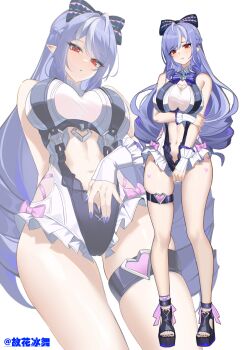 1girl absurdres animal_print arm_under_breasts bare_shoulders black_bow black_nails bow bowtie breasts butterfly_print clothing_cutout commentary_request different_zoom_layer drill_hair drill_sidelocks footwear_ribbon frilled_one-piece_swimsuit frilled_wrist_cuffs frills full_body gem guhuabingwu hair_bow head_tilt heart_cutout highres holding_own_arm large_breasts long_hair mole mole_under_eye nail_polish navel official_alternate_costume one-piece_swimsuit open-toe_shoes open_mouth pink_bow pointy_ears purple_bow purple_bowtie purple_gemstone purple_hair purple_nails red_eyes see-through_clothes sidelocks simple_background solo stomach_cutout swimsuit thigh_strap toenail_polish toenails twitter_username two-tone_one-piece_swimsuit vivian_banshee vivian_banshee_(iris_of_the_shore) white_background white_one-piece_swimsuit wrist_cuffs zenless_zone_zero