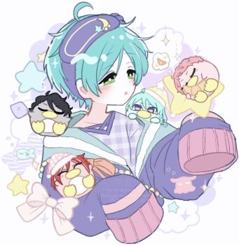 1boy :o ahoge artist_name at_home_(ensemble_stars!) bird blue_hair bow bright_pupils closed_eyes commentary_request crescent croissant double-parted_bangs ensemble_stars! eye_mask fish food green_eyes hibiki_wataru highres itsuki_shu male_focus mani_(pukakaka09) mask official_alternate_costume open_mouth penguin pillow pink_bow sakasaki_natsume sakuma_rei_(ensemble_stars!) shinkai_kanata short_hair sleeves_past_wrists star_(symbol) watermark white_pupils