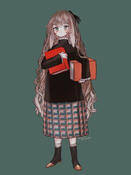 1girl animal_ears black_boots black_jacket black_ribbon blush book boots brown_hair closed_mouth commentary_request dated frilled_shirt frills full_body green_background green_eyes green_skirt hair_ribbon holding holding_book jacket limo_nine long_hair long_skirt long_sleeves looking_at_viewer original rabbit_ears rabbit_girl ribbon shirt signature simple_background skirt socks solo standing very_long_hair wavy_hair white_shirt white_socks