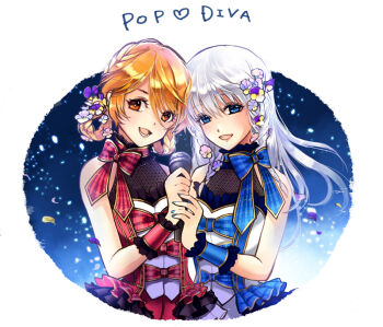 Rule 34 | 2girls, blonde hair, blue bow, blue bowtie, blue eyes, blue vest, blush, bow, bowtie, braid, braided hair rings, commentary request, dress, flower, gobaku no hito, hair flower, hair ornament, hair rings, holding, holding microphone, long hair, looking at viewer, microphone, multiple girls, open mouth, pink flower, purple flower, ragnarok masters, ragnarok online, red bow, red bowtie, red vest, short hair, sleeveless, sleeveless dress, smile, upper body, vest, white background, white dress, white hair, wrist cuffs
