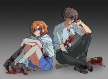 1boy 1girl arms_on_knees baseball_bat belt black_belt black_pants black_shoes blood blood_on_clothes blood_on_face blood_on_ground blood_on_hands blood_on_shoes bloody_weapon blue_eyes blue_sailor_collar blue_skirt brown_hair brown_shoes collared_shirt commentary_request crossed_ankles dress_shirt film_grain gradient_background grey_background hair_between_eyes hand_on_own_head hand_up hashitsuki_nata higurashi_no_naku_koro_ni holding holding_weapon knees_up loafers maebara_keiichi nata_(tool) orange_hair pants purple_eyes qn_cmsn red_shirt ryuuguu_rena sailor_collar school_uniform serafuku shirt shirt_under_shirt shoes short_hair short_sleeves sitting skirt small_sweatdrop socks tears tears_from_one_eye weapon white_shirt white_socks worried