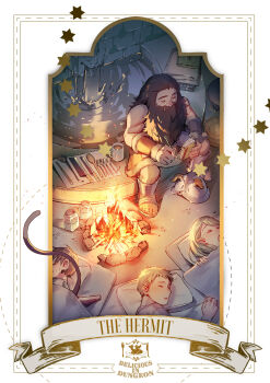 2girls 3boys beard bedroll blonde_hair bracer brown_hair campfire card_(medium) cat_tail chilchuck_tims closed_eyes commentary cooking_pot copyright_name cup dungeon_meshi dwarf facial_hair fake_horns fork fountain full_beard fur_trim helmet highres holding holding_notebook holding_pencil horned_helmet horns izutsumi jar knife laios_touden long_beard long_hair marcille_donato mebaru mug multiple_boys multiple_girls mustache notebook pencil pillow pointy_ears sandals senshi_(dungeon_meshi) short_hair sleeping spoon star_(symbol) sweatdrop tail tarot tarot_(medium) the_hermit_(tarot) unworn_headwear unworn_helmet