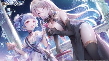 2girls absurdres azur_lane bismarck_(azur_lane) black_dress black_thighhighs blonde_hair blue_eyes blue_hair bow breasts cake cake_slice cleavage cup curly_hair dress drinking_glass fireworks flower food hair_bow highres jewelry large_breasts logo long_hair multiple_girls night night_sky one_eye_closed open_mouth ozzingo party pillar red_eyes sash sky small_breasts smile thighhighs twintails u-556_(azur_lane) wine_glass yostar