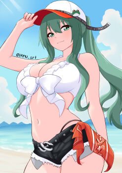 1girl absurdres bandana bare_arms baseball_cap bikini black_bikini black_shorts blue_sky breasts cleavage cloud day green_eyes green_hair hair_between_eyes hat highleg highleg_bikini highres kochiya_sanae large_breasts looking_at_viewer mismatched_bikini navel outdoors pamu_art ponytail red_bandana short_shorts shorts sidelocks sky solo standing swimsuit touhou twitter_username unworn_bandana white_bikini